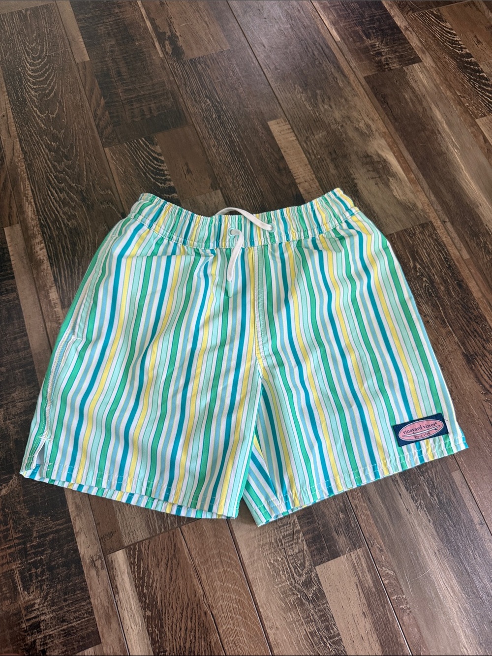 Vineyard Vines Kids Striped Swim Trunks in Aqua, Yellow, White